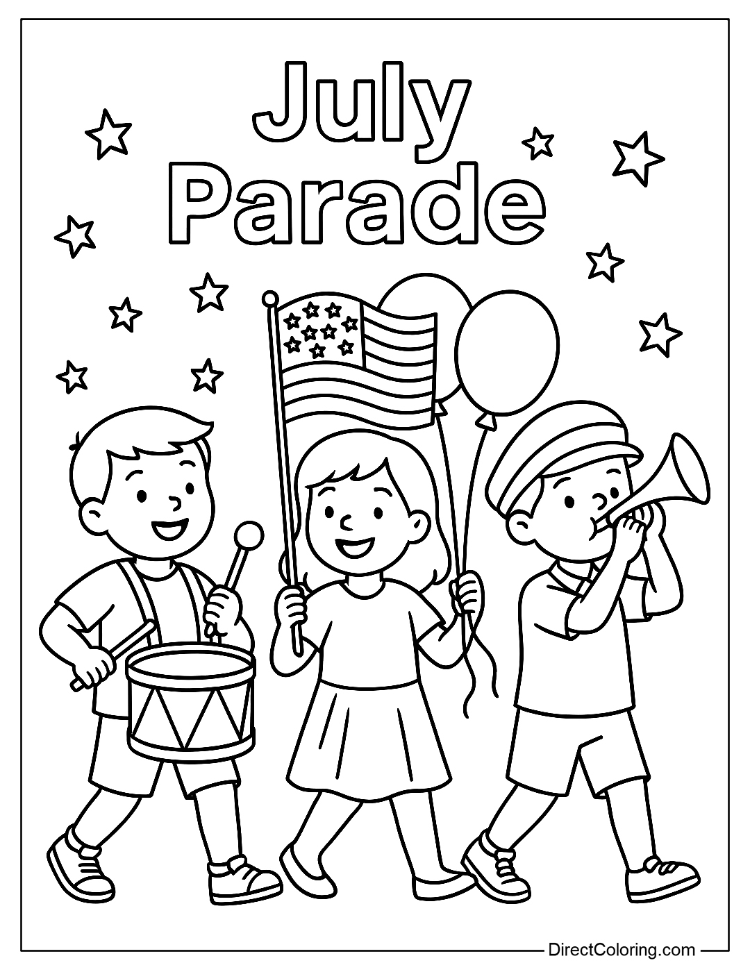 A coloring page of the Independence Day parade with drums, trumpets, flags and balloons.